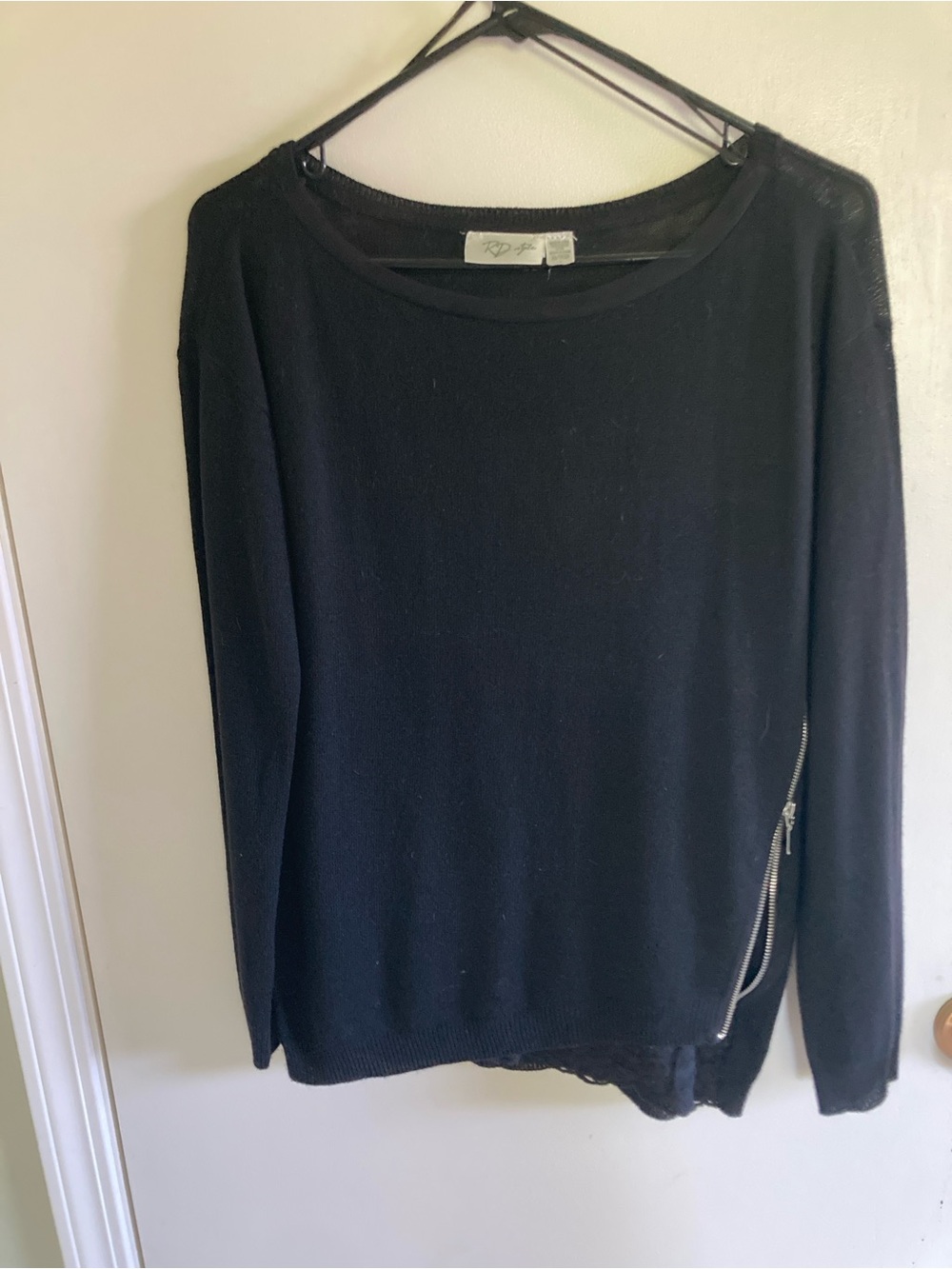 RD Style Black Crewneck Sweater with Side Zip Lace Accent